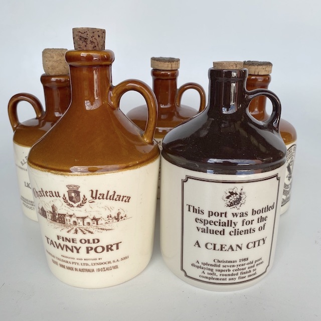 BOTTLE, Stoneware or Pottery Port Bottle - Brown w Print